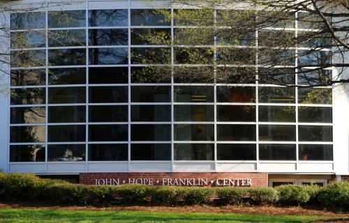 The physical building oh the John Hope Franklin Center, a grid of windows on the front